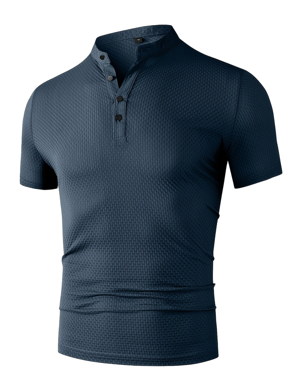Men'S Waffle Texture Mandarin Collar Polo Shirts, Lightweight Quick-Dry Stretch Short Sleeve Summer Business Casual Tees - Blue