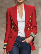 Elegant Women's Red Military-Style Blazer with Golden Embossing and Button Accents, Navy-Style Striped Cuffs, Suitable for Office Professional Attire and Party Dinner Jackets YYTT - Red
