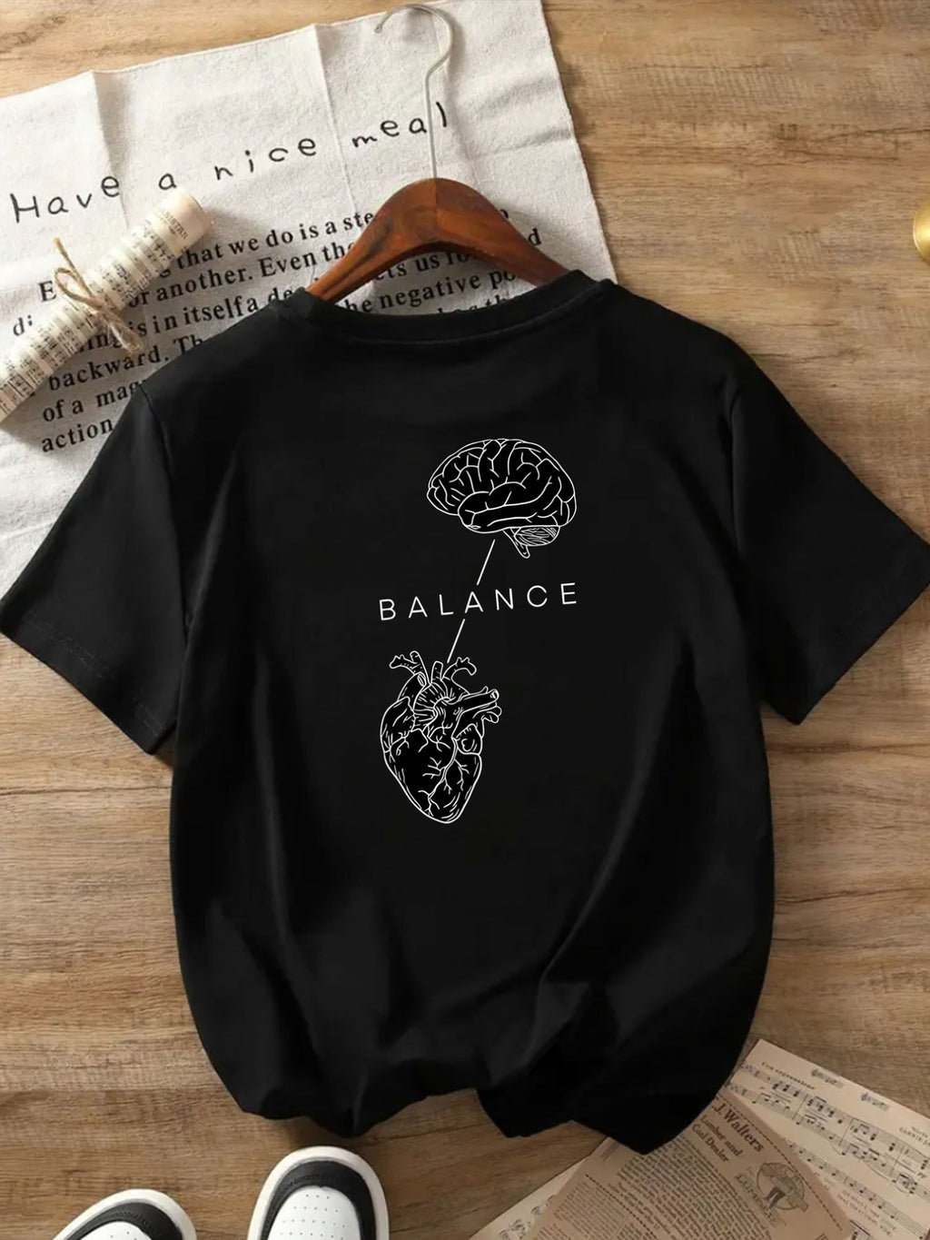 Short-Sleeve T-Shirt - Balance, Brain & Heart - Women's Spring/Summer Trendy Printed T-Shirt, Your Best Choice! - Black