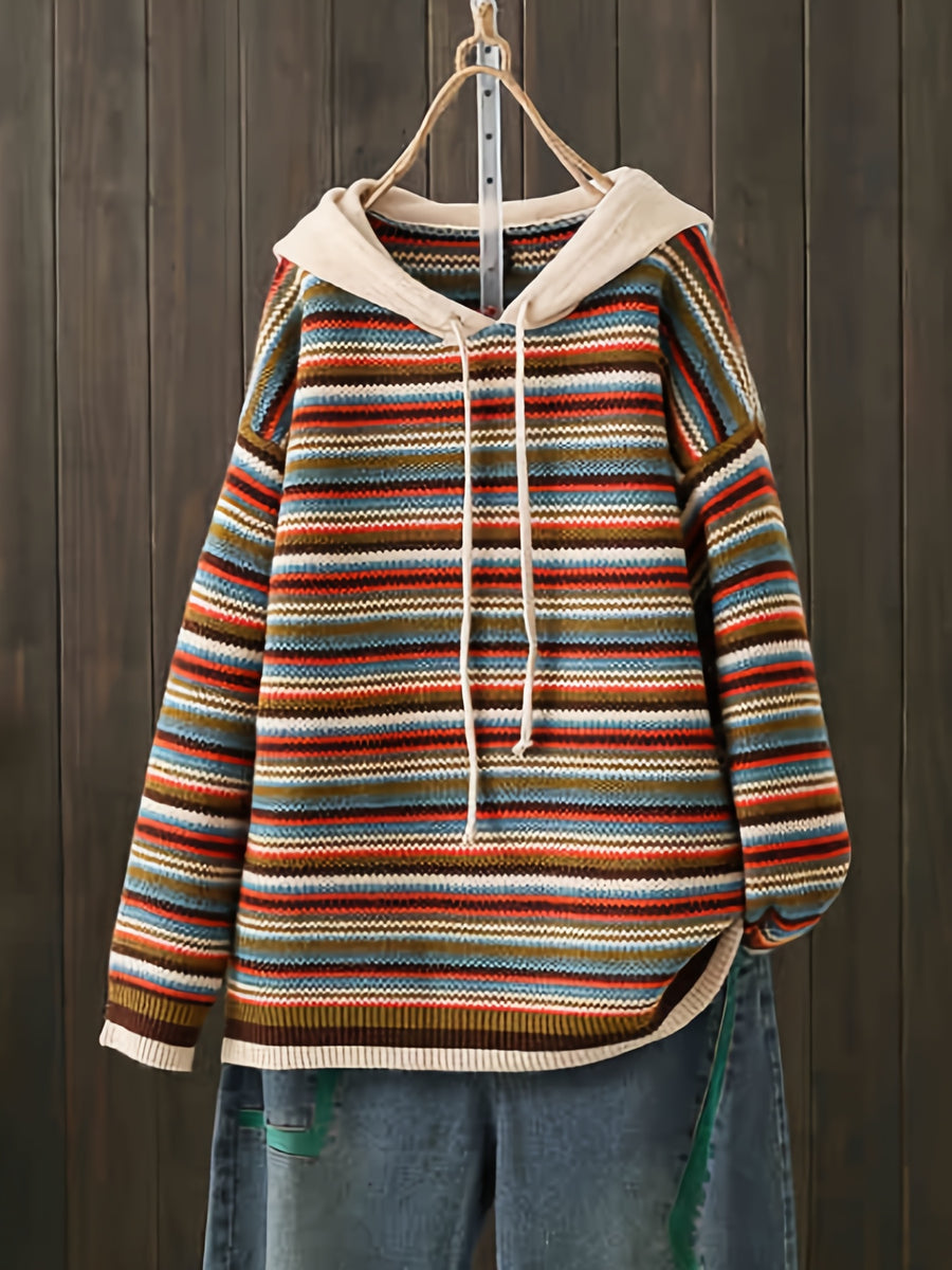 Hooded Striped Color-Block Sweater Hoodie Long Sleeve Korean Style Preppy Hooded Sweater - Mixed colors