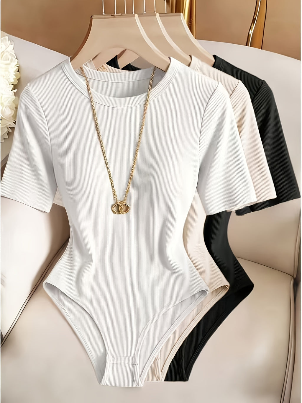 3pcs Set American Style New Solid Color Versatile Crew Neck Slim Fit Flattering Base Layer Bodysuit Top and Pants for Women, New Spring Collection - White+apricot+black