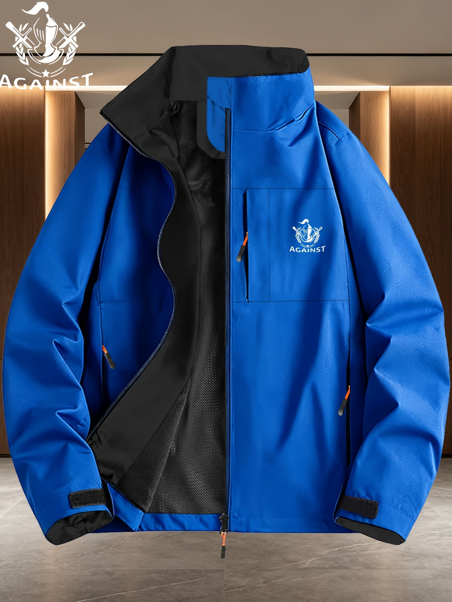 Double Sword Torch AGAINST Vintage Badge Navy Lining Stand-Up Collar Windproof Jacket Men Women Spring Autumn White Multi-Pocket Outdoor Windbreaker, Solid, Loose Fit, Long Sleeve, Zip - Royal Blue