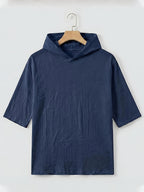 Men'S Linen Short-Sleeved Hoodie, Fashionable Men'S Top, Short-Sleeved Hoodie, Individual Trend, Comfortable And Breathable Fabric, Suitable for Outdoor Leisure, Camping, Vacation, Beach, Daily Street Wear - Navy Color