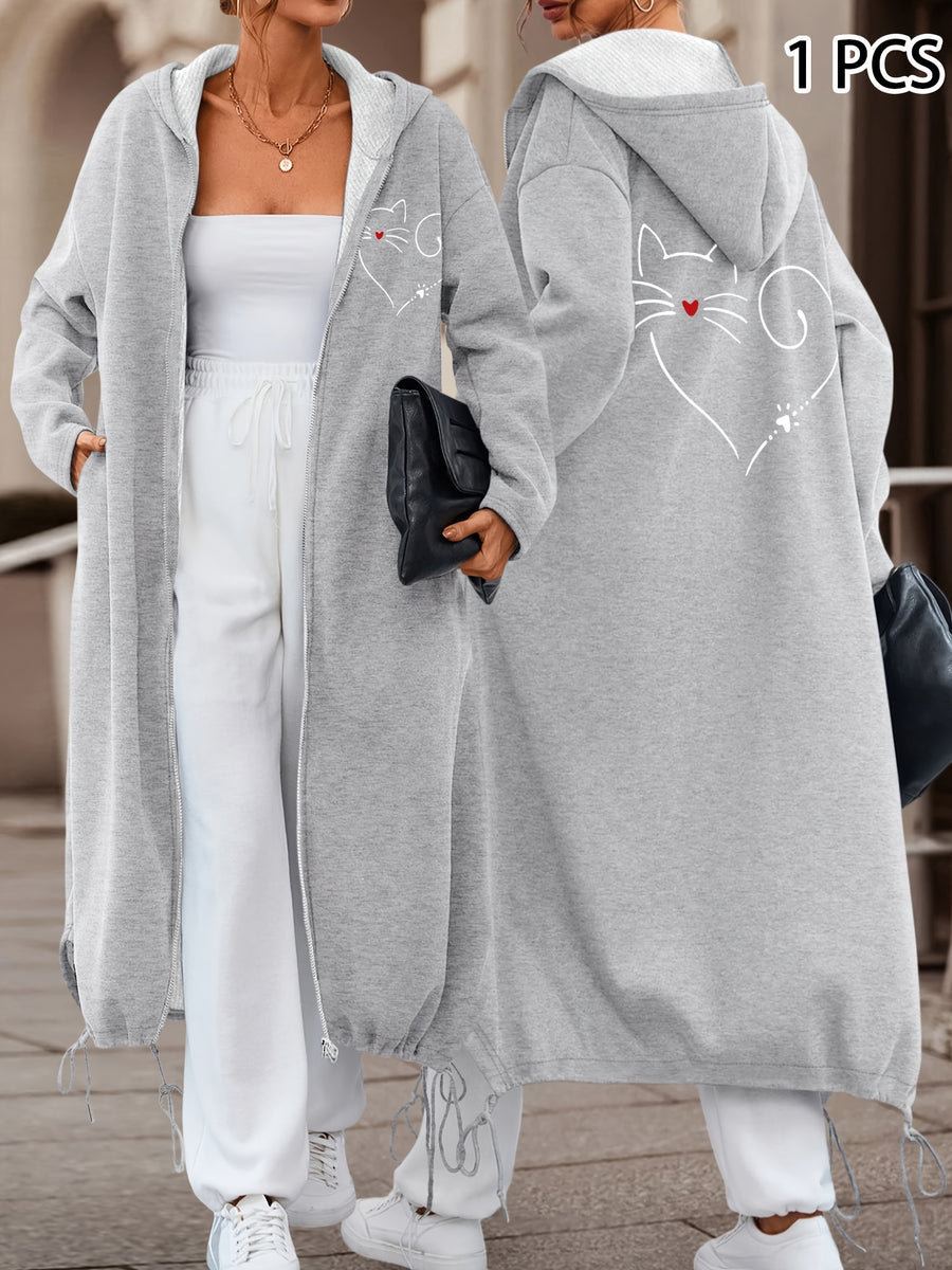 Women's Casual Fashion Long Hooded Jacket with Front and Back Print of White Lines, Red Heart Nose Cat Design + Heart-Shaped Tail Decoration, Comfortable and Versatile for Daily Commute and Multiple Scenarios - Grey