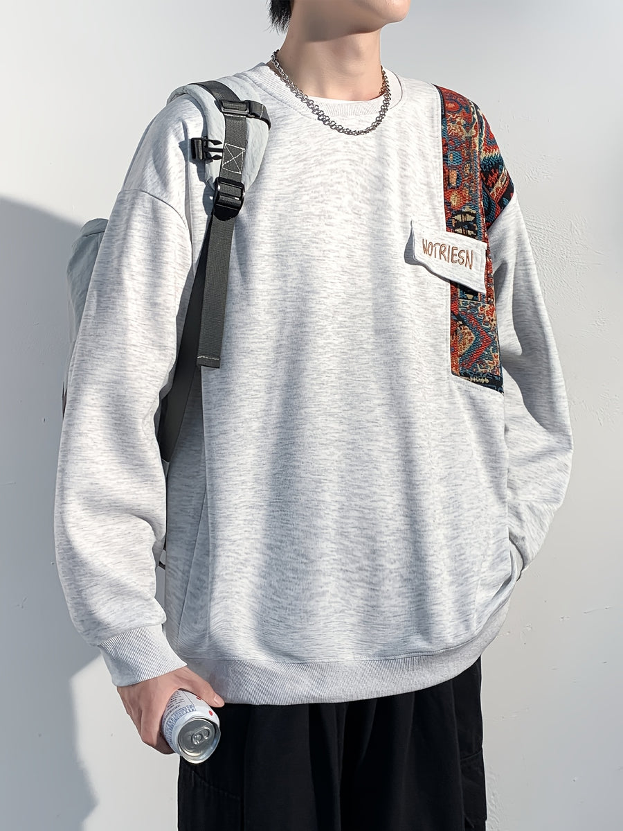Men's Chinese Vintage Patchwork Crewneck Sweatshirt, Ethnic Style Embroidered Loose Drop-Shoulder Pullover, for Spring/Autumn Daily Streetwear Outings - Light Grey