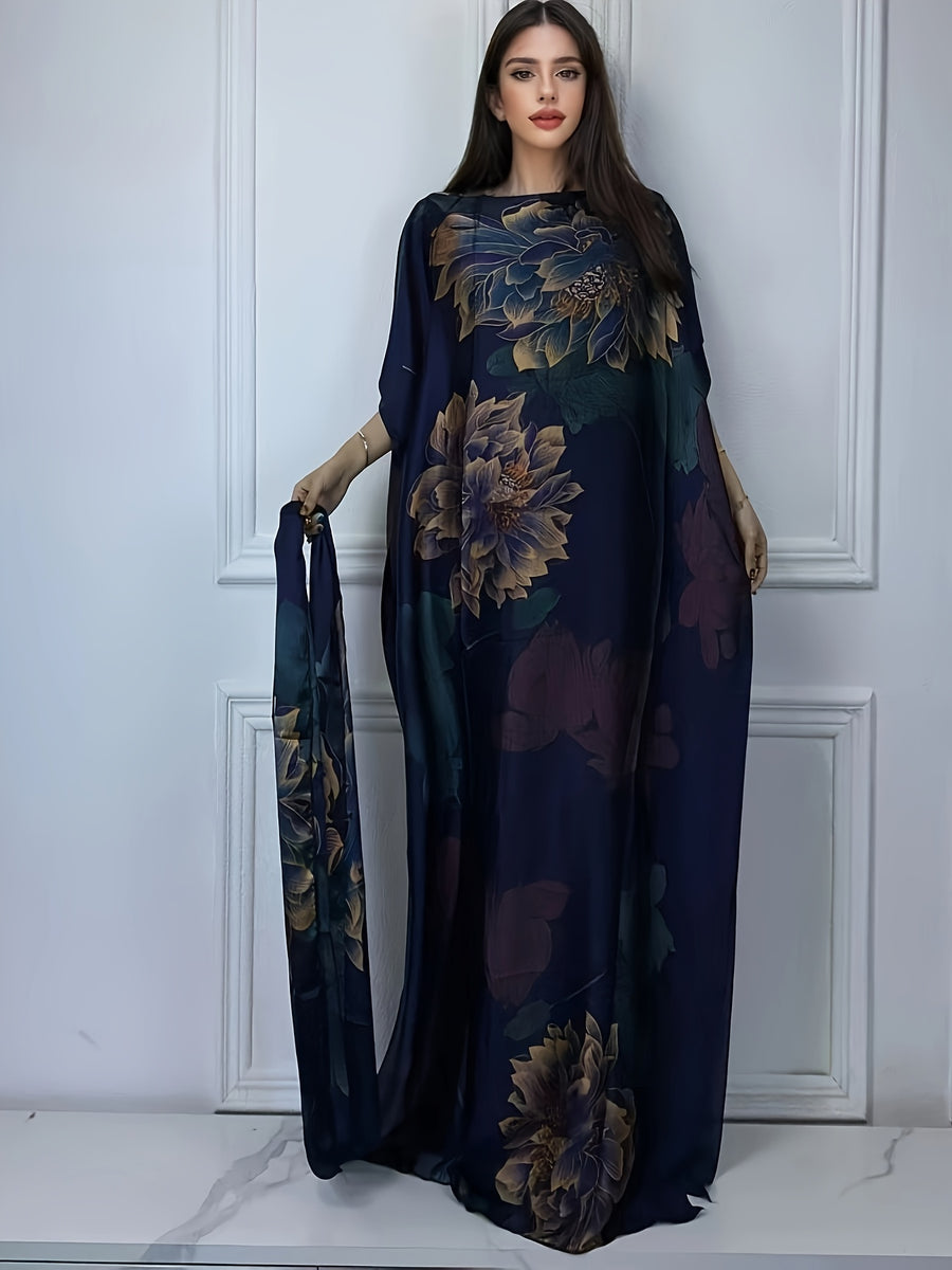 WINYI Leopard Print Boat Neck Abaya, Elegant Short Batwing Sleeve Loose Dress for Women'S Clothing - Navy Color