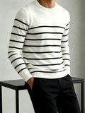 Men's Classic Knit Sweater, Crew Neck with Structured Fit, Black and White Striped Long Sleeve Pullover, Versatile for Casual, Commuting, Work, and Outings, Autumn/Winter Wear - White
