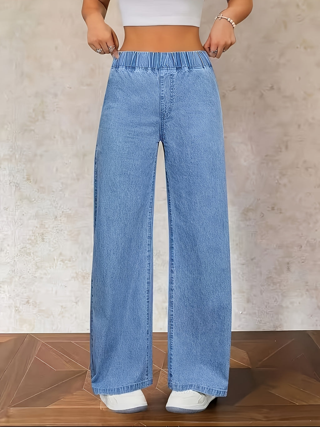 Women'S Washed Casual High-Waist Stretch Elastic Waist Top Blue Jeans And Clothing, Plus Size Women'S Jeans Long Pants All-Match Elegant Wide-Leg Cow Jean Plus Size Women'S Jeans Long Pants - Light Blue