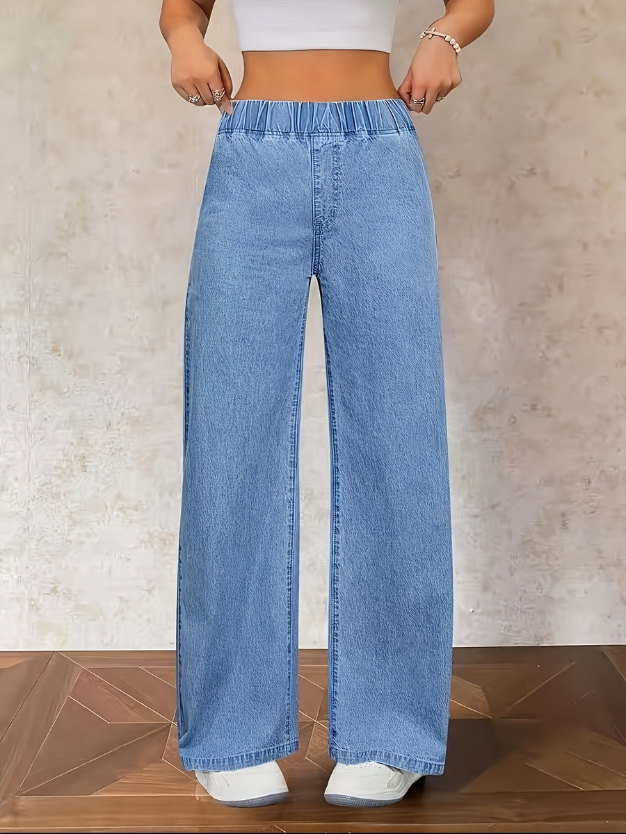 Women'S Washed Casual High-Waist Stretch Elastic Waist Top Blue Jeans And Clothing, Plus Size Women'S Jeans Long Pants All-Match Elegant Wide-Leg Cow Jean Plus Size Women'S Jeans Long Pants - Light Blue
