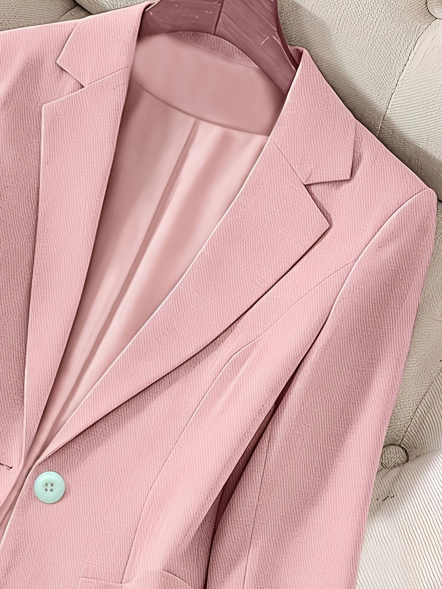 Women's Solid Color Long-Sleeve Blazer, Single-Button Casual Jacket, Spring and Autumn Commuter Elegant Top - Pink