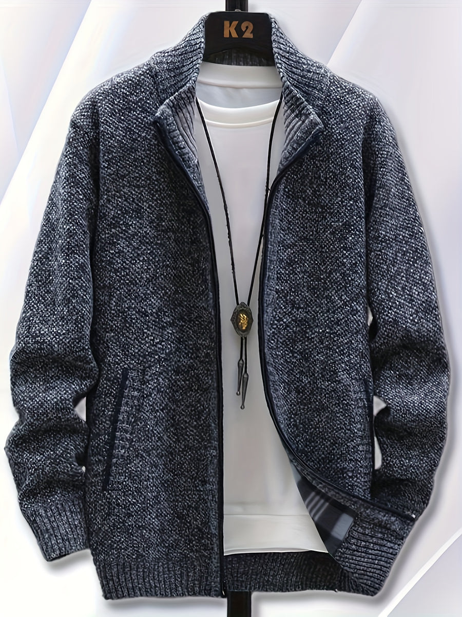 1pc Single Piece Men'S Autumn And Winter Stand Up Collar Knitted Sweater Jacket, Autumn And Winter Knitted Sweater Zipper Cardigan, Casual Thick Warm Sweater Jacket (Solely Includes 1 Jacket) - Dark Gray