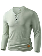 Men's Fashion Henley Shirt, Autumn/Winter Outdoor Casual Top, Made with Refreshing and Breathable Fabric, Solid Color with Semi-Sheer Crew Neck, Single-Breasted Front, Hem Decorative Tab Design, Long Sleeve - Light Green