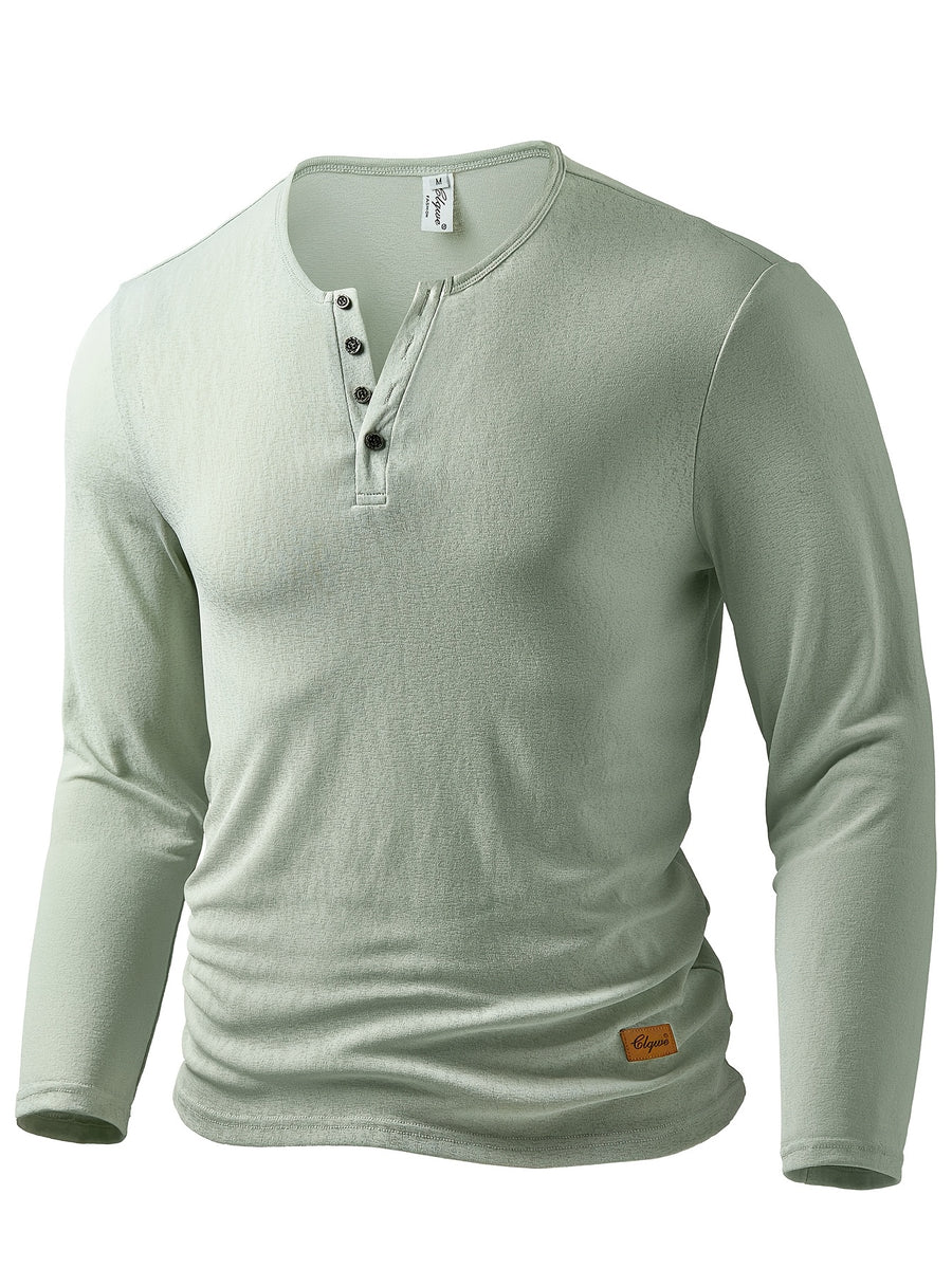 Men's Fashion Henley Shirt, Autumn/Winter Outdoor Casual Top, Made with Refreshing and Breathable Fabric, Solid Color with Semi-Sheer Crew Neck, Single-Breasted Front, Hem Decorative Tab Design, Long Sleeve - Light Green