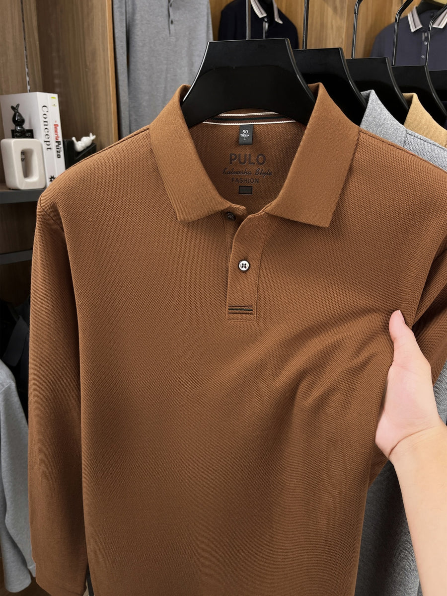 Men's Golf, Casual, Fishing, Tennis, Sports Solid Color Top, Spring/Autumn Apparel for Middle-aged and Young Men, Soft and Skin-friendly Piqué Pure Fabric, Long-Sleeve Polo Shirt, Men's Long-Sleeve T-Shirt, New Spring/Autumn Casual Turn- Collar Solid - Coffee Color