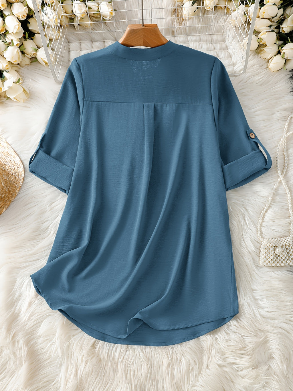 Elegant Women's Simple Casual Daily Short-Sleeve Solid Color Shirt, Spring/Summer Fashion Casual Outing Shirt, BK0608018 - Peacock Blue