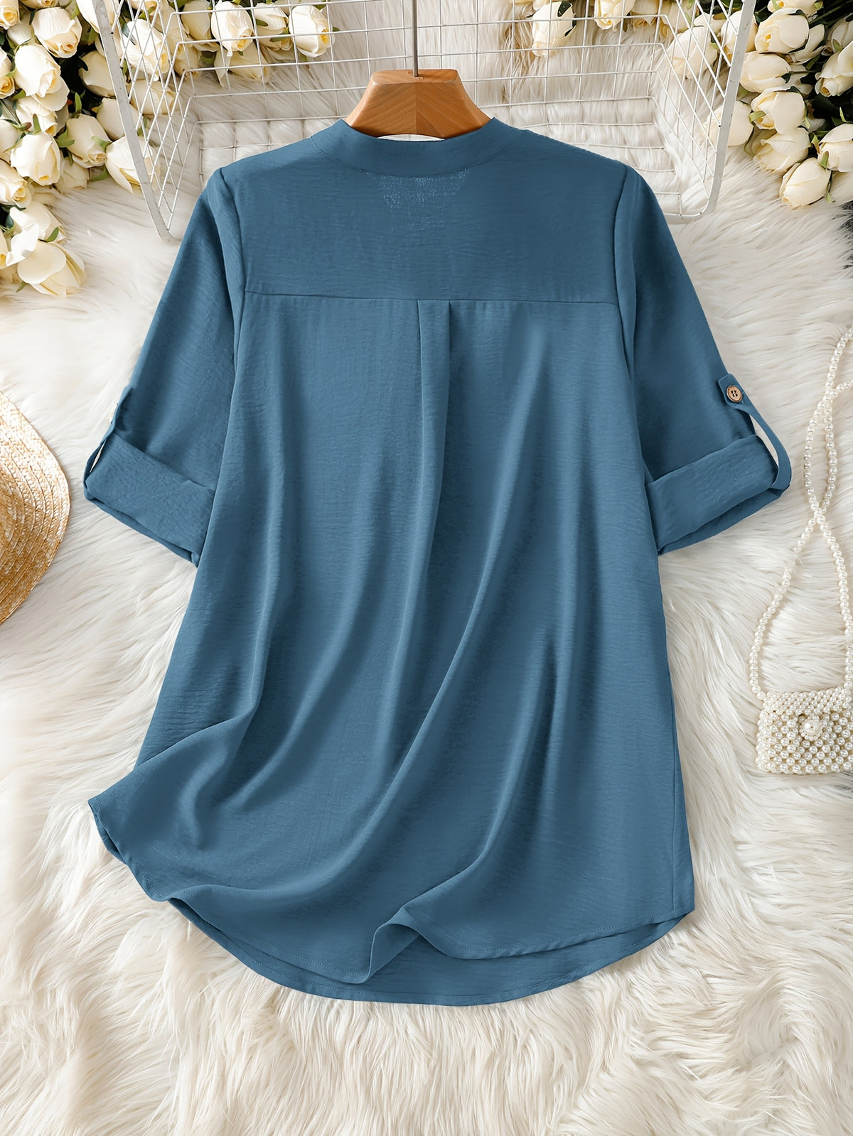 Elegant Women's Simple Casual Daily Short-Sleeve Solid Color Shirt, Spring/Summer Fashion Casual Outing Shirt, BK0608018 - Peacock Blue