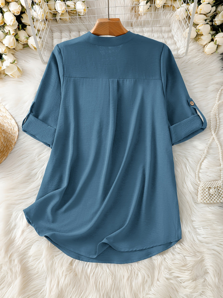 Elegant Women's Simple Casual Daily Short-Sleeve Solid Color Shirt, Spring/Summer Fashion Casual Outing Shirt, BK0608018 - Peacock Blue