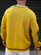 JANE DRESSINGLOG Men'S Autumn Winter Fashion Polo Collar Pullover Sweater, Trendy Lapel Contrast Number Design Sporty Warm Knitwear, Autumn Winter Commute Casual Outing Wear - Yellow