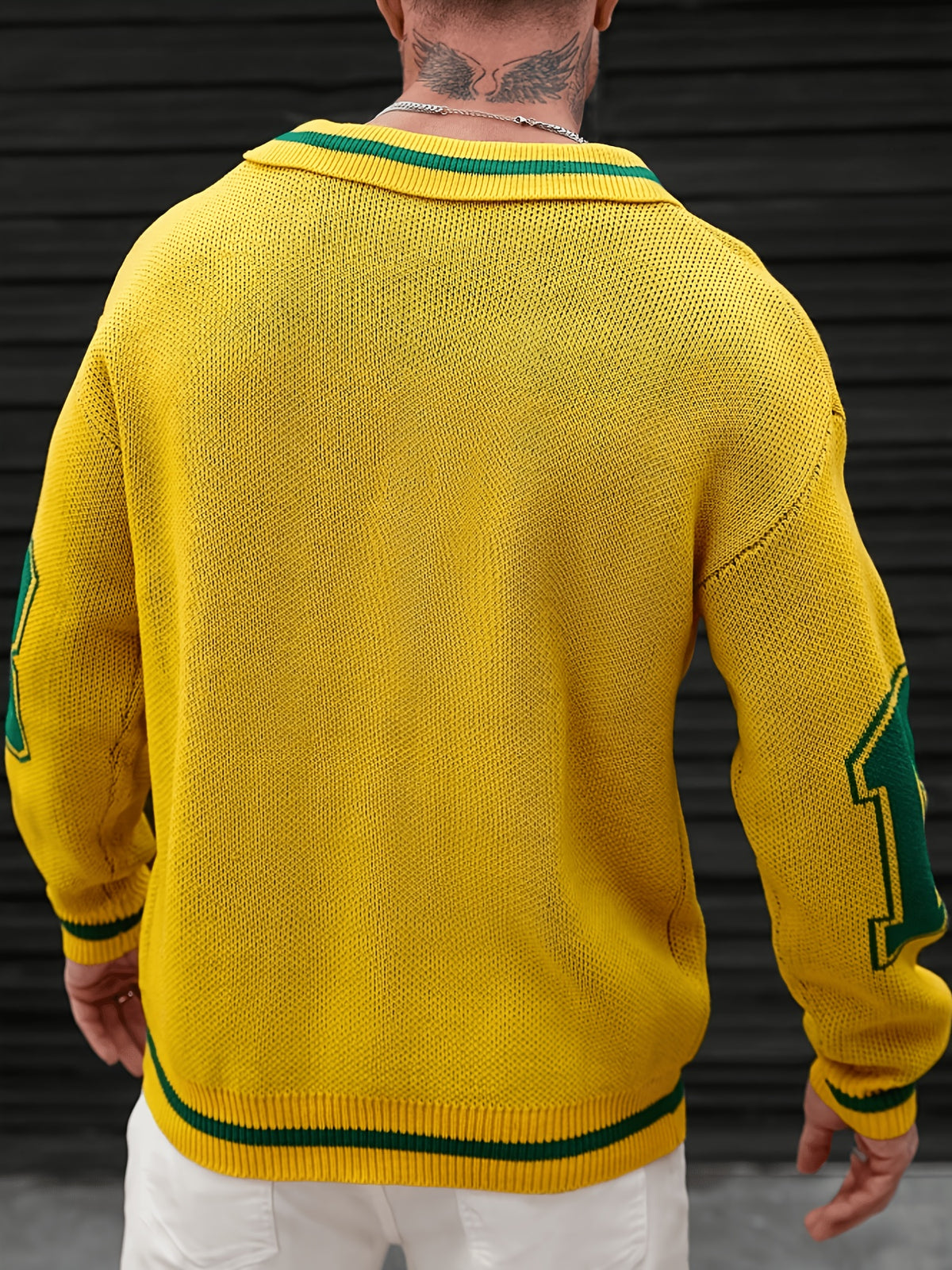 JANE DRESSINGLOG Men'S Autumn Winter Fashion Polo Collar Pullover Sweater, Trendy Lapel Contrast Number Design Sporty Warm Knitwear, Autumn Winter Commute Casual Outing Wear - Yellow