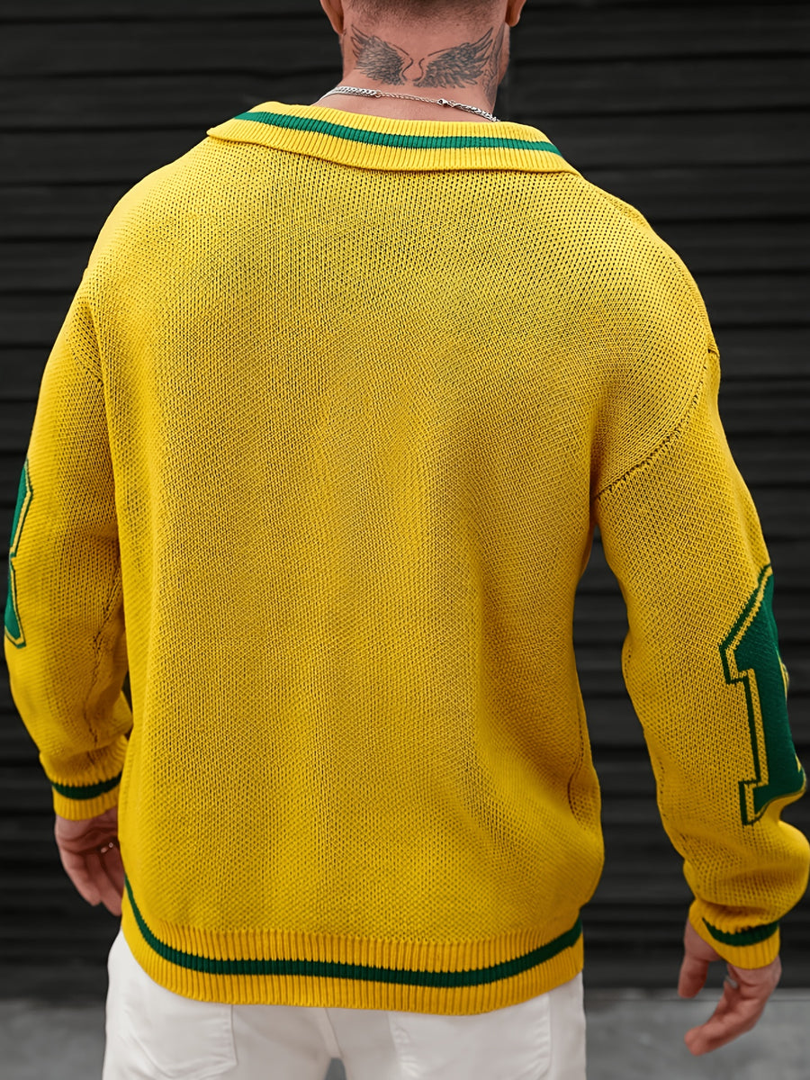 JANE DRESSINGLOG Men'S Autumn Winter Fashion Polo Collar Pullover Sweater, Trendy Lapel Contrast Number Design Sporty Warm Knitwear, Autumn Winter Commute Casual Outing Wear - Yellow