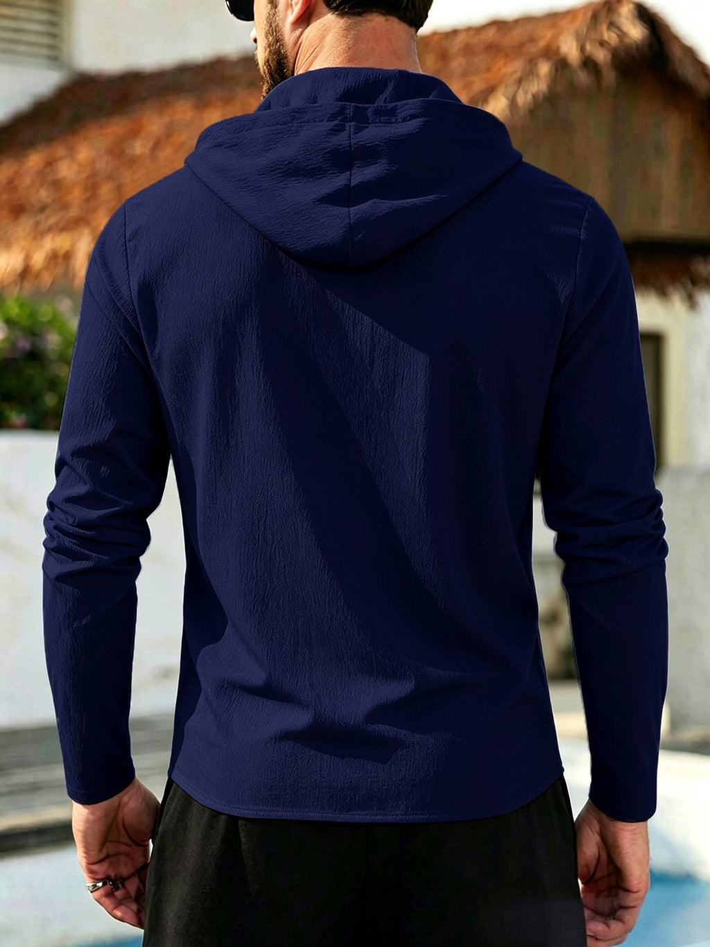 Men's Coconut Tree Print Hooded Long-Sleeve Shirt, Slightly Wrinkled Textured Casual Button-Up Cardigan, Summer Lightweight Breathable Vacation Top, Hawaiian Beach Jacket, Shirt Style + Hood with Drawstring, Suitable for Beach Trips, City Strolls - Navy Color