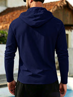 Men's Coconut Tree Print Hooded Long-Sleeve Shirt, Slightly Wrinkled Textured Casual Button-Up Cardigan, Summer Lightweight Breathable Vacation Top, Hawaiian Beach Jacket, Shirt Style + Hood with Drawstring, Suitable for Beach Trips, City Strolls - Navy Color