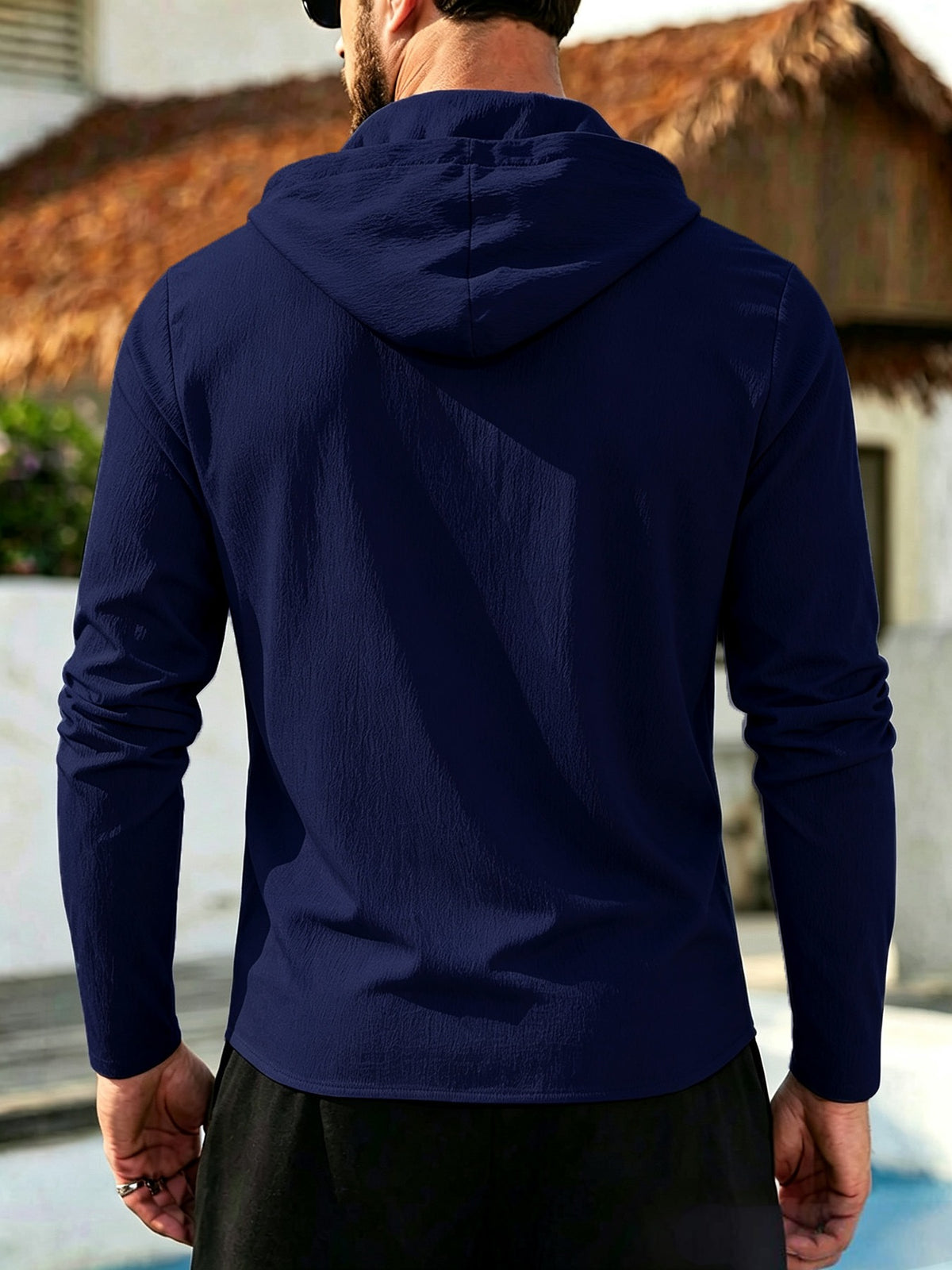 Men's Coconut Tree Print Hooded Long-Sleeve Shirt, Slightly Wrinkled Textured Casual Button-Up Cardigan, Summer Lightweight Breathable Vacation Top, Hawaiian Beach Jacket, Shirt Style + Hood with Drawstring, Suitable for Beach Trips, City Strolls - Navy Color