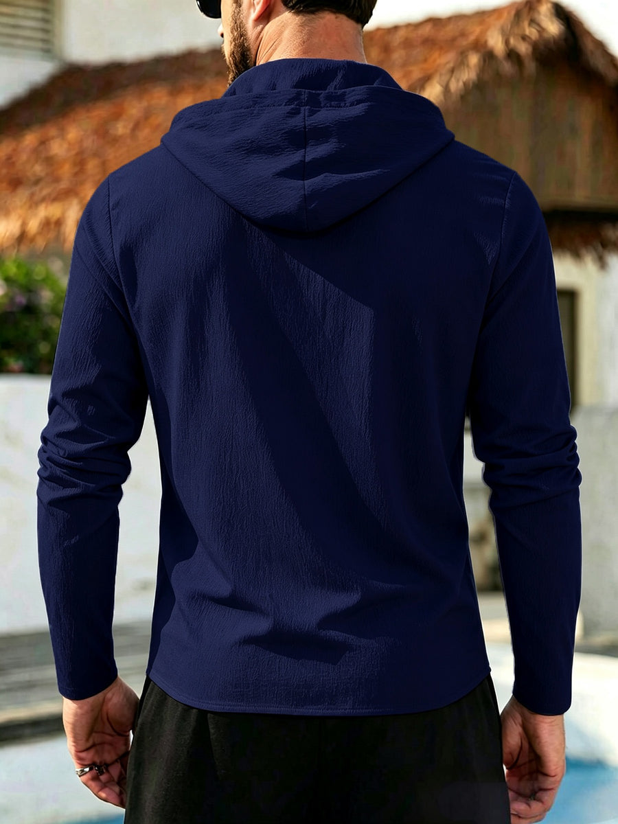 Men's Coconut Tree Print Hooded Long-Sleeve Shirt, Slightly Wrinkled Textured Casual Button-Up Cardigan, Summer Lightweight Breathable Vacation Top, Hawaiian Beach Jacket, Shirt Style + Hood with Drawstring, Suitable for Beach Trips, City Strolls - Navy Color