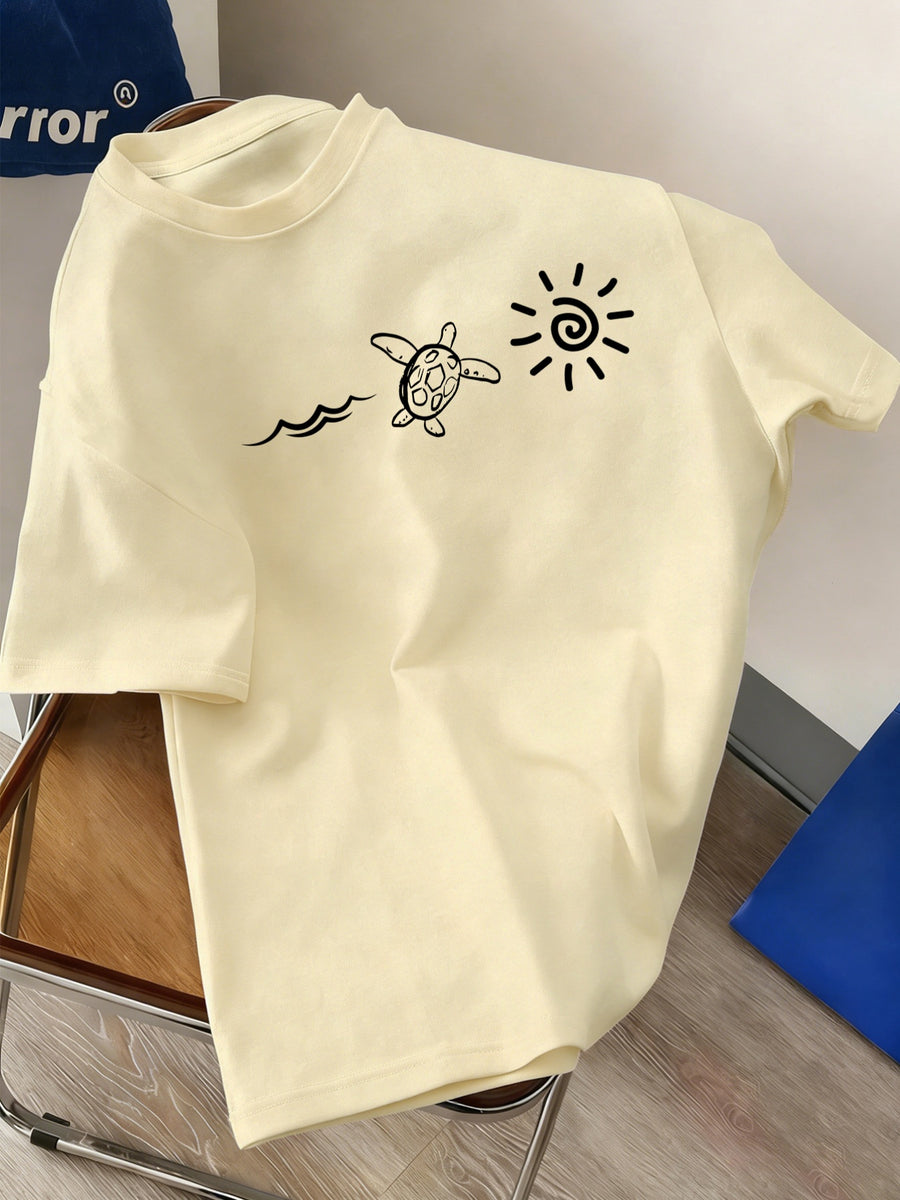 Men's New Style Pure Cotton Crew Neck Short Sleeve T-Shirt with Sea Turtle, Ocean Wave, and Sun Print - Comfortable, Soft, Breathable, Perfect for Vacation, Leisure, and a Summer Essential - Apricot