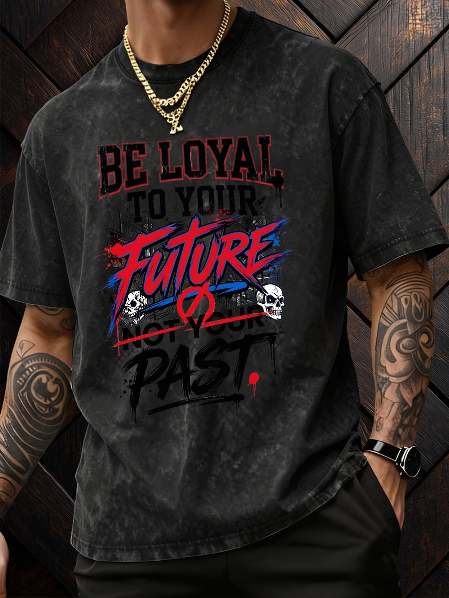 American-Style Washed Vintage Skull Graphic T-Shirt, Dark High Street Fashion Short Sleeves, Loose Fit with Motivational Slogans for Men - Black