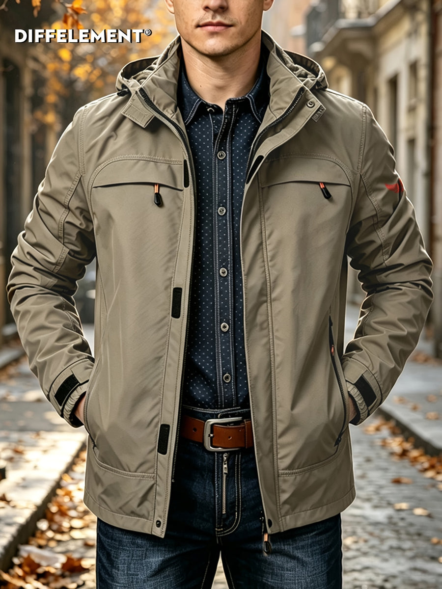 Men'S Drawstring Removable Hooded Utility Jacket, Wrinkle-Resistant Breathable Durable Woven Fabric, Fitted Short Length Spring Autumn City Commute Hiking Style, Autumn Street Outdoor Multi-Scene Wear, Orange Zipper Contrast Pocket - Khaki