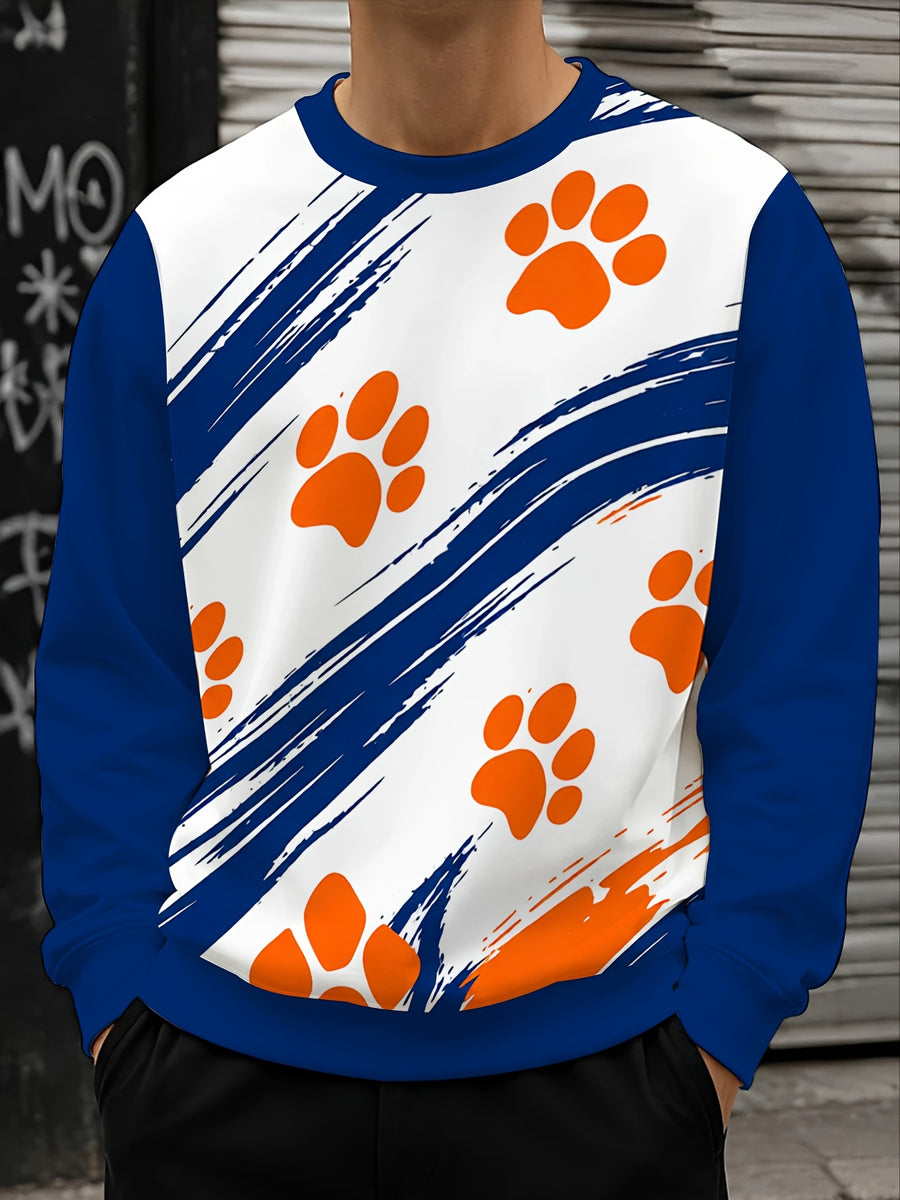 (Print Design - Not Textured) Men'S Round Neck Sweatshirt Blue White Color Block Print Sport Casual Trendy Top for Spring/Autumn Daily Wear Fashion Pullover Random Print - Mixed colors