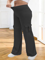 1pc Of Large-Size Women's Sports Wide-Leg Pants, Casual Home Wide-Leg Pants with 4 Strap Pockets, High Waist And Tummy Control, Moisture Wicking, Suitable for Outdoor Sports Fitness, Running Exercise, Daily Wear Women's Large-Size Trousers - Black