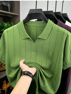 Men'S Knit Polo Shirt Short Sleeve V-Neck Vertical Stripes, Business Casual Spring Summer Commute Top, 1pc Multi-Occasion Ready - Green