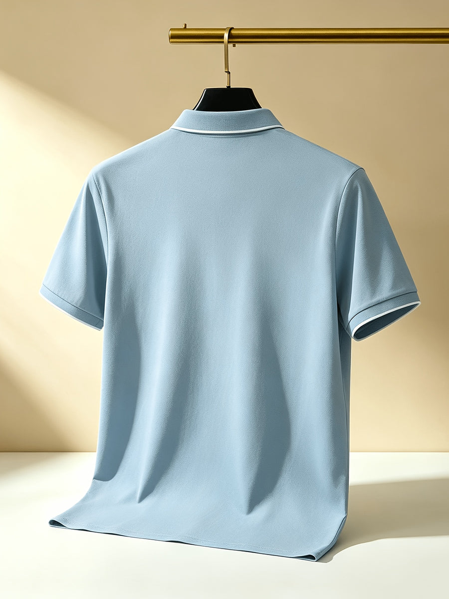 Quick-Dry V-Neck Men'S Golf Polo with Contrast Cuffs, Classic Logo Print, Luxury Contrast Collar, Anti-Pilling Breathable Fabric, Ideal for Sports, Business Casual, Commuting, Golf, And Business Settings - Sky Blue