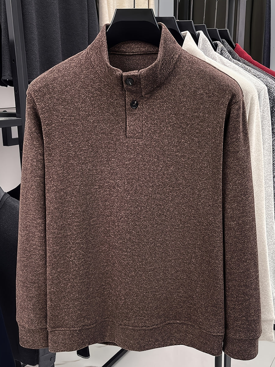 Men's Floral Yarn Stand Collar Long Sleeve Top, Multi-Color Options for Autumn, Half-Button Pullover Base Layer, Fine, Skin-Friendly, and Comfortable Fabric, Suitable for Business Commuting and Business Trips, Loose and Casual Men's Wear for Fishing - American Coffee
