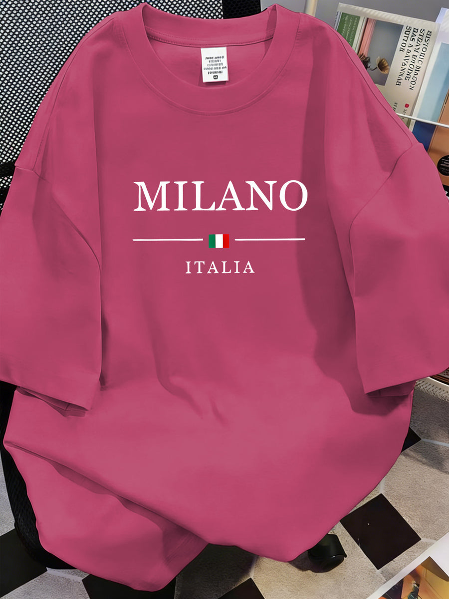 Milan Milano Letter Print Short Sleeve T-Shirt, Easy Ins Style, Loose And Flattering, Casual Unisex Top Suitable for Couples - Rose Red