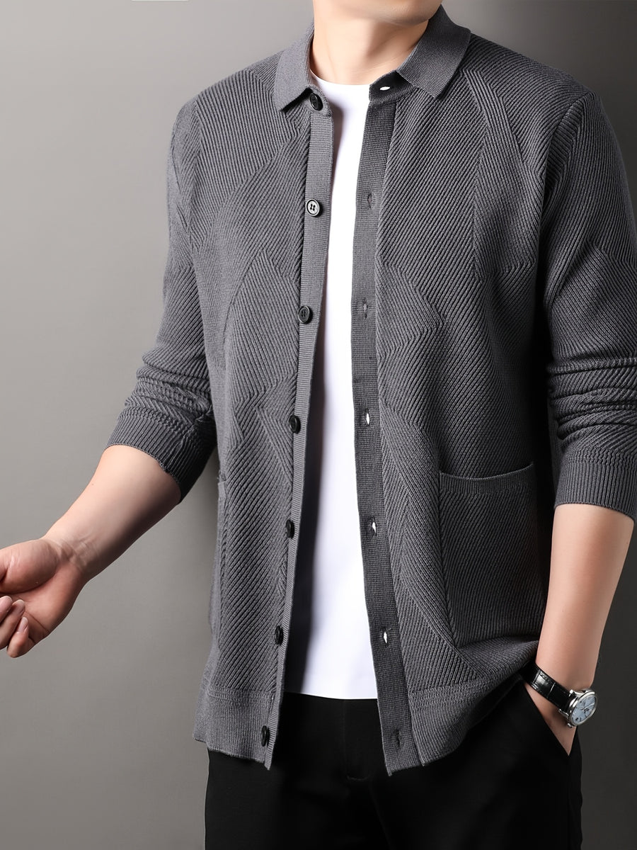 Du Jing Lan OBM Spring/Summer New Arrival Men's Knitted Cardigan, Old Money Style Solid Color Lapel Long Sleeve Open Front Knit Cardigan, Men's Business Casual Fashion Single-Breasted Ribbed Sweater Jacket with Side Pockets, Suitable for Layering - Dark Gray