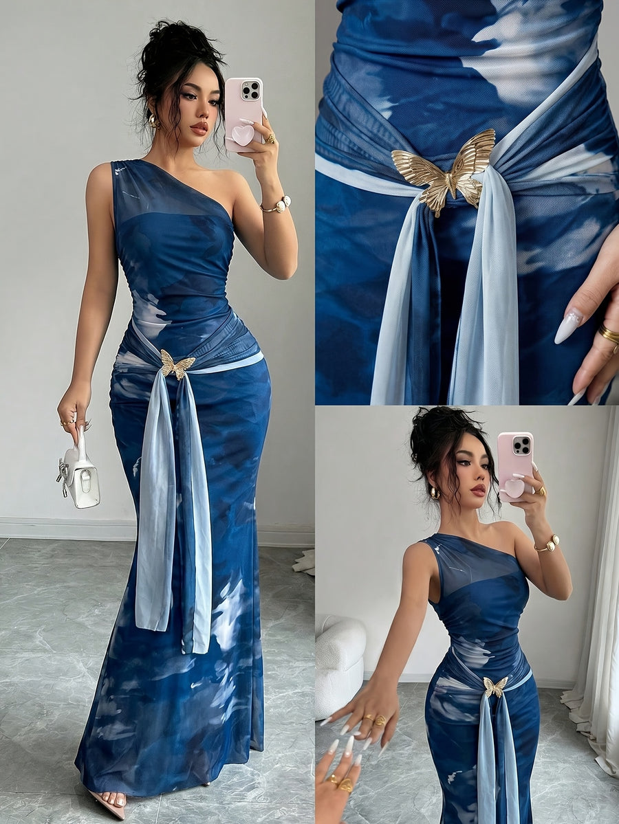 Elegant Smudge-effect Slim-fit Dress for Women, Spring/summer Daytime Party Attire – Asymmetrical Shoulder Sleeveless Mesh Slim-fit Style, Adorned with Metallic Butterfly Embellishments - Blue