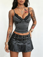 2026 Summer New Striped Polka Dot Fashionable Sexy Backless Lace Stitching V-Neck Small Suspender Top - Grey