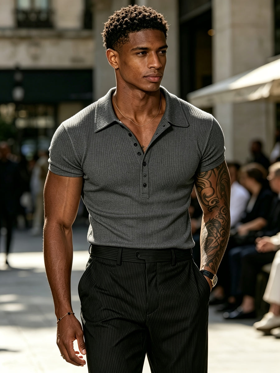 Pearson OBM Men's Summer Lightweight Black Knit Polo Shirt, Regular Fit Short Sleeve Top, European and American Streetwear Brand Slim Fit Base Layer - Dark Gray