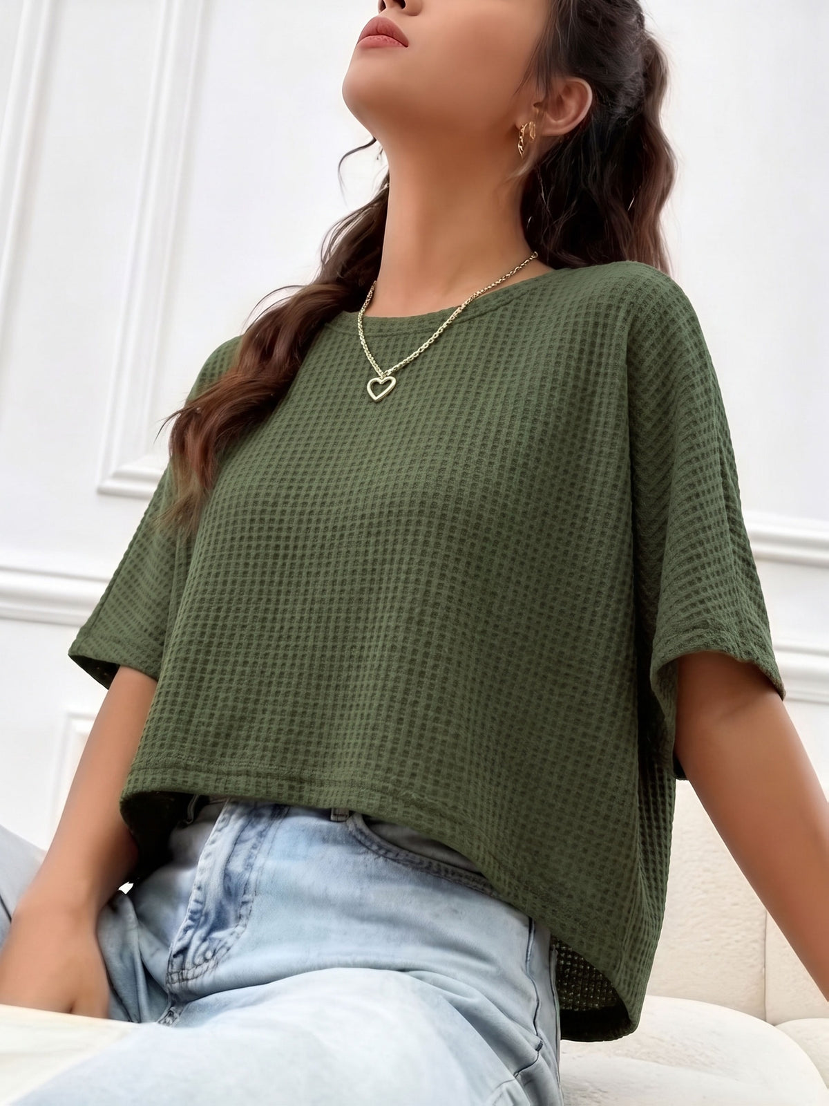 Women's Casual Loose-Fit Waffle Short Crop Crew Neck Short Sleeve T-Shirt for Daily Commuting - Military Green