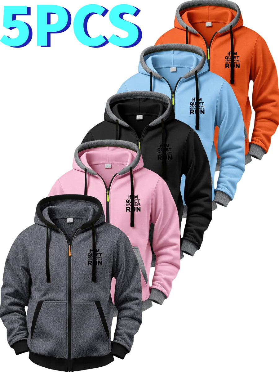 5pcs Set of Color-Blocked Full-Zip Hooded Cardigans, Easy Layered Thick RUN Inspirational English Short Sentence Small Print Loose Drawstring Casual Long Sleeve Jacket - Black + Orange + Pink + Sky Blue + Dark Gray