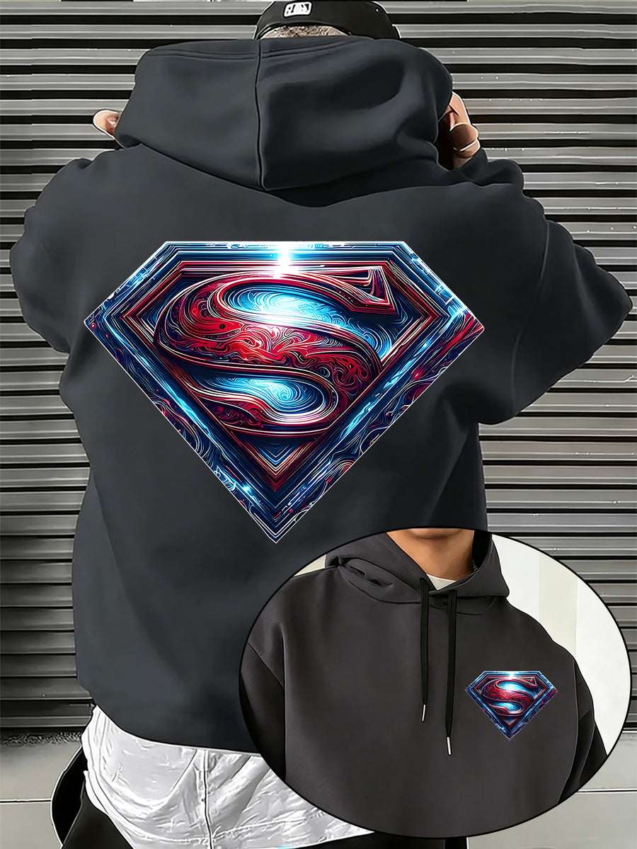 Warner Bros. Official Light and Shadow Superman S-Logo Printed Hooded Sweatshirt — Unisex Loose Pullover, Suitable for Casual, Sports, and Daily Wear, Machine Washable and Warm, for Autumn and Winter - Dark Gray
