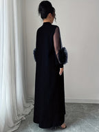Women'S Stand-Up Collar Lantern Long-Sleeved Textured Fabric Splicing Mesh Hand-Cranked Three-Dimensional Embroidery Loose Comfortable And Elegant Senior Long Dresses - Navy Color