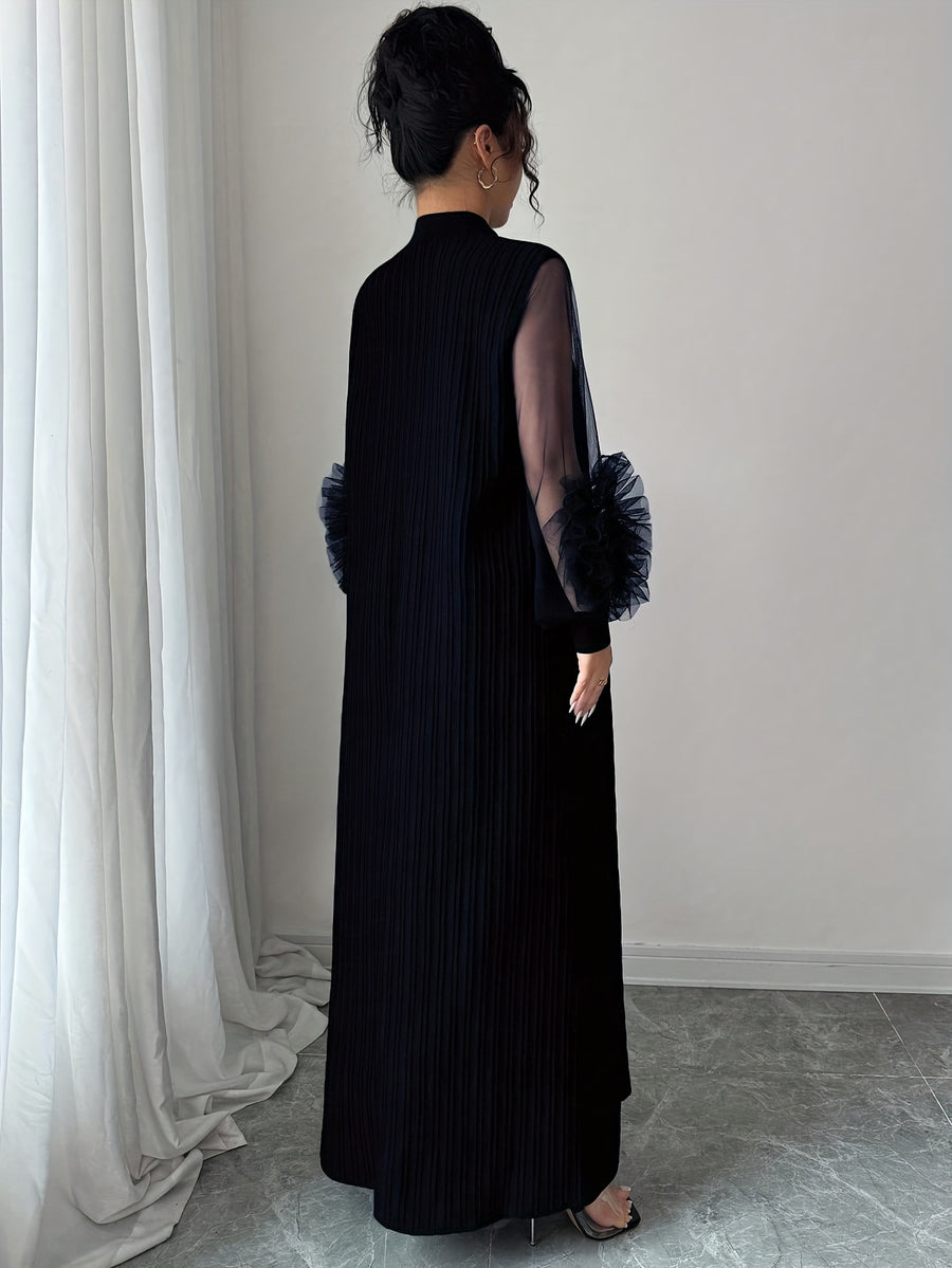 Women'S Stand-Up Collar Lantern Long-Sleeved Textured Fabric Splicing Mesh Hand-Cranked Three-Dimensional Embroidery Loose Comfortable And Elegant Senior Long Dresses - Navy Color