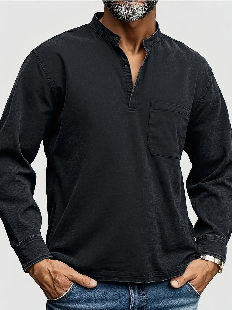 Men's Vintage Distressed Denim Shirt with Henry Collar, Long Sleeve Casual Workwear Top with Pockets, Heavyweight Hand-Washed Vintage - Soot Black