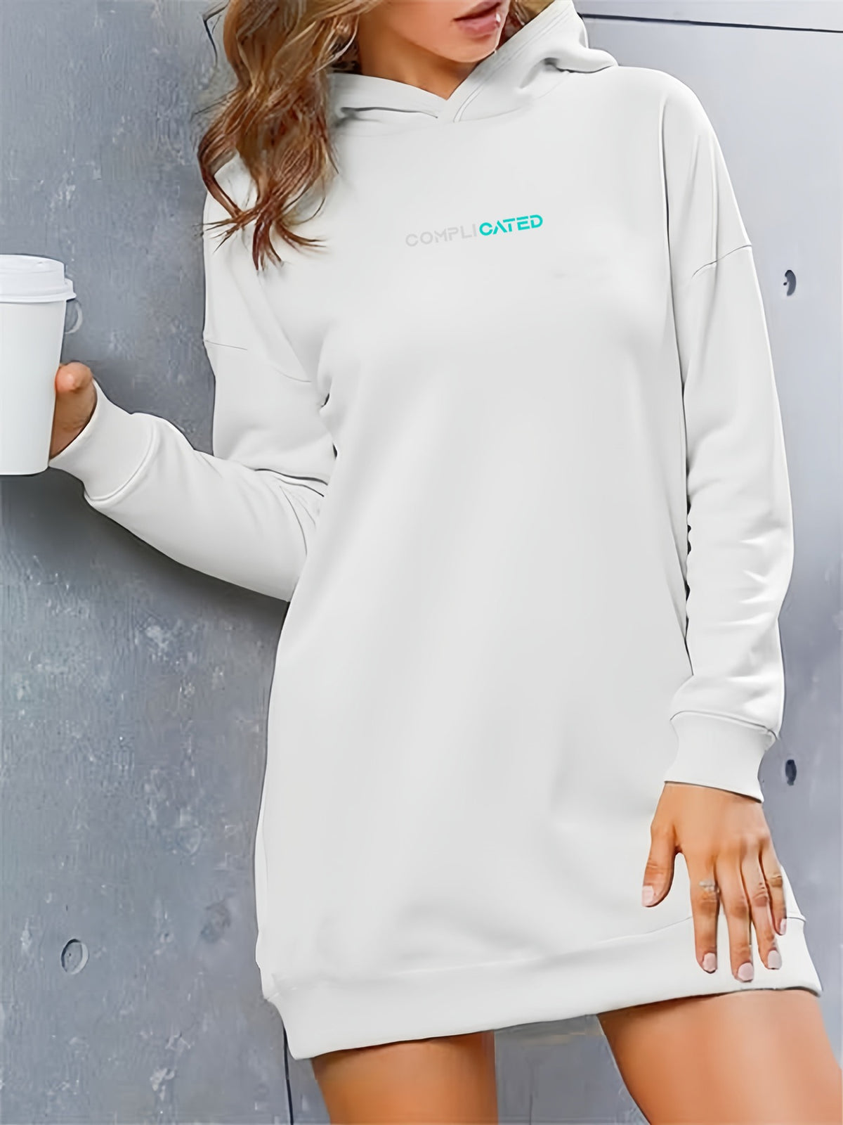 Fashionable And Elegant Long Hoodie with a Versatile Minimalist Print for Commuting - White