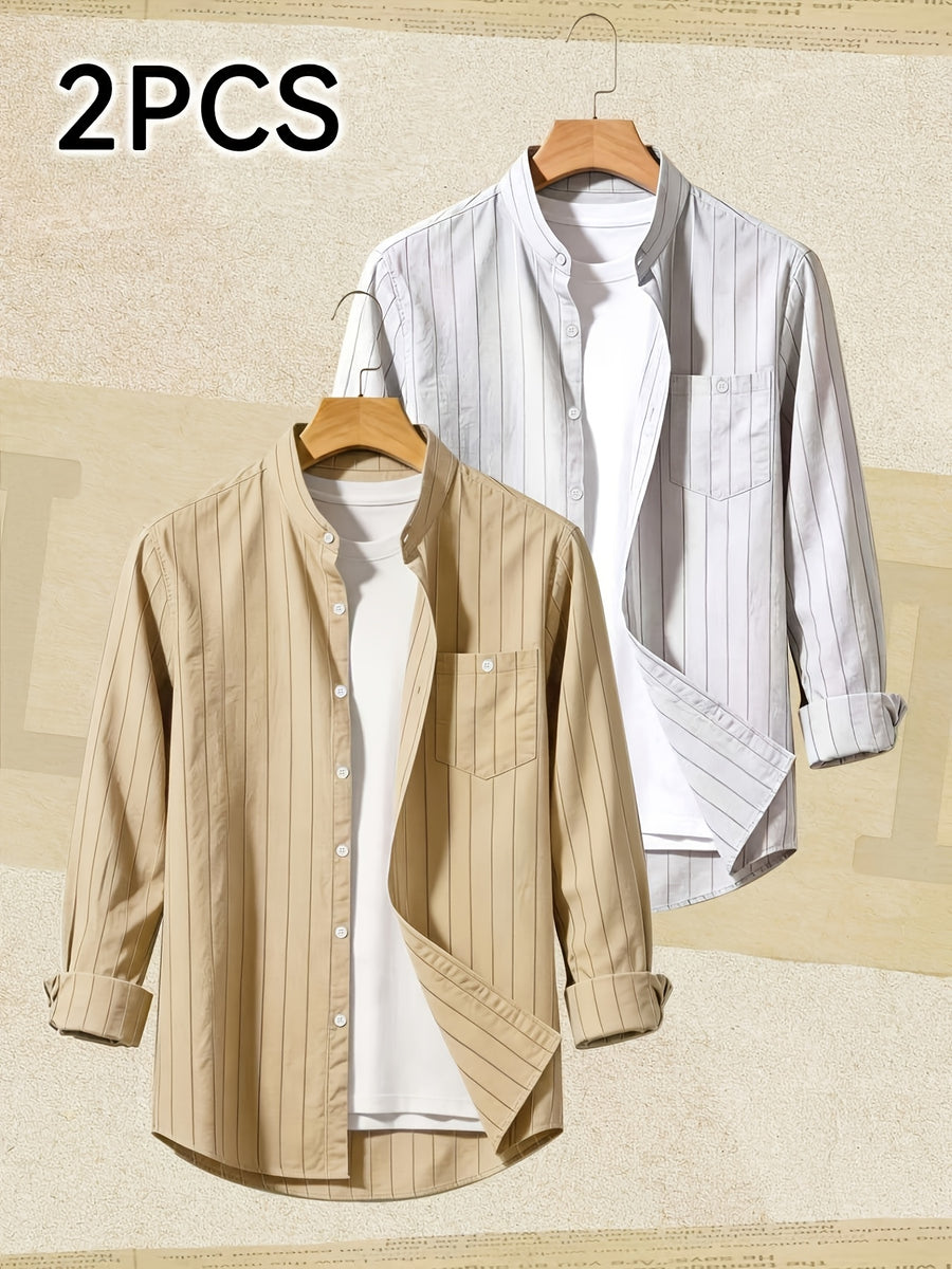 2pcs Set Stand Collar Striped Shirt; Spring/Autumn Loose Fit Casual Business Simple Versatile Top; Daily Commute Breathable 2pcs Men's Outfit - Khaki + White
