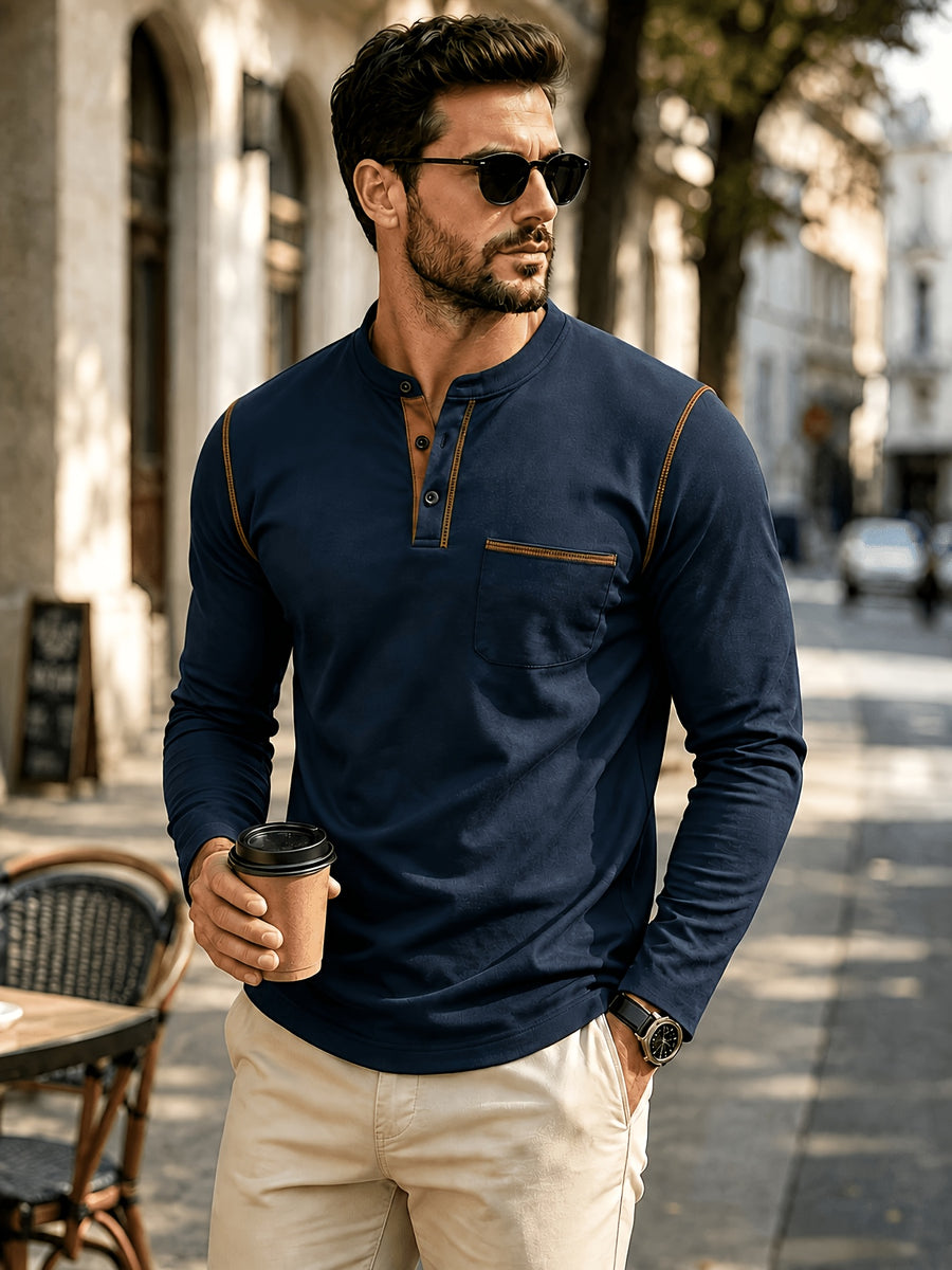 1pc Men'S Long Sleeve Henley Shirt, Stand Collar Slim Fit Casual Top, Solid Color Micro-Elastic Machine Washable Fabric, Contrast Stitching, Pocket Design Suitable for Early Autumn, for Daily, Travel, Dates - Navy Color